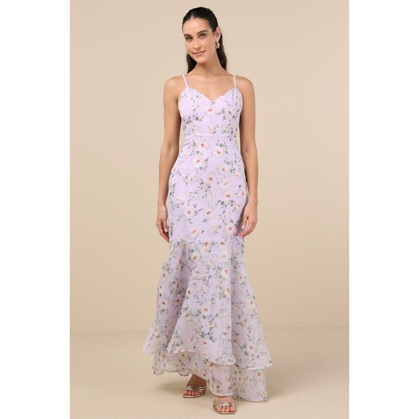 Nwt Lulus Lavender Floral Organza Trumpet Maxi Dress Purple - Size S